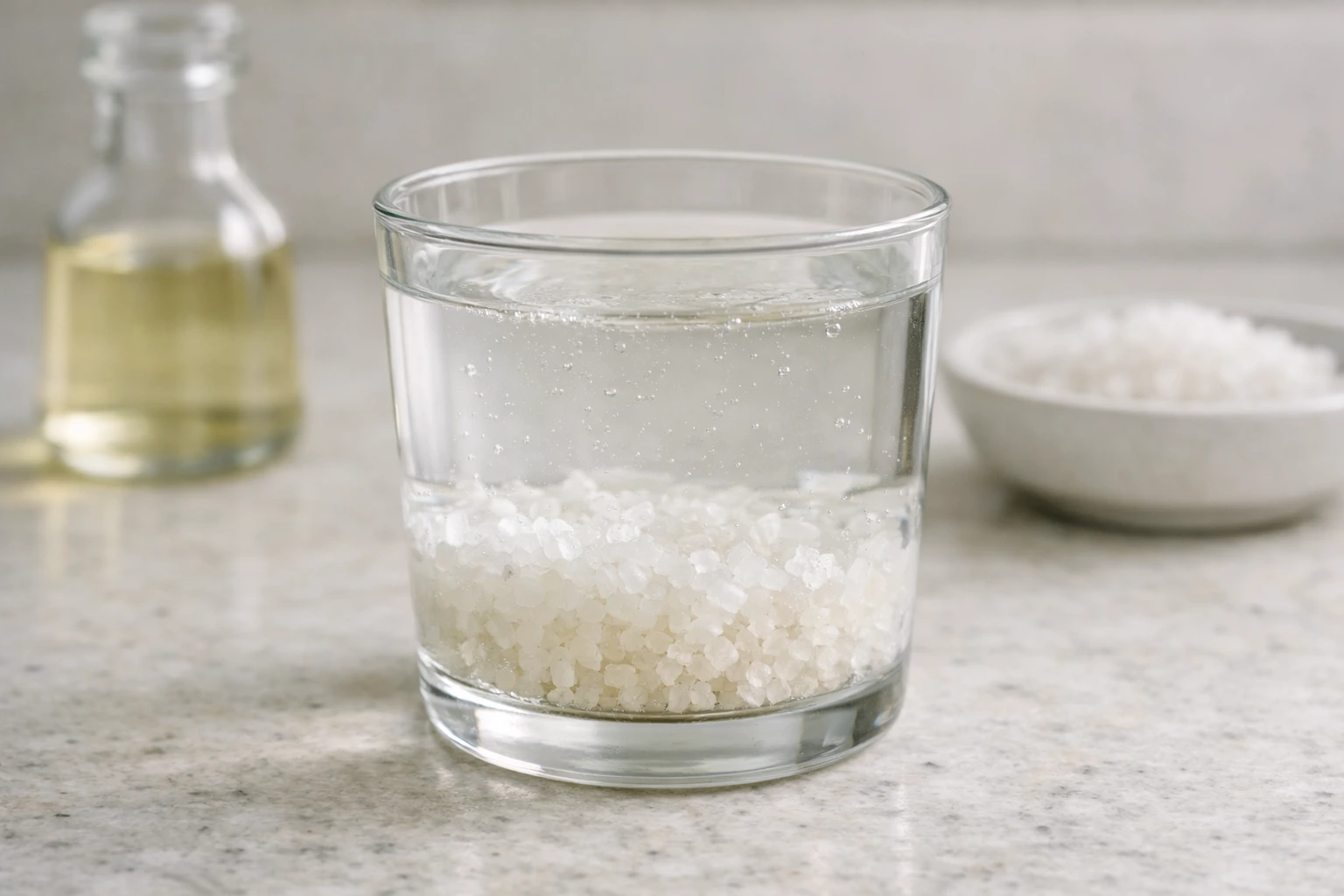 limpiar energías negativas hogar ritual — vaso de vidrio con sal gruesa, vinagre y agua con burbujas