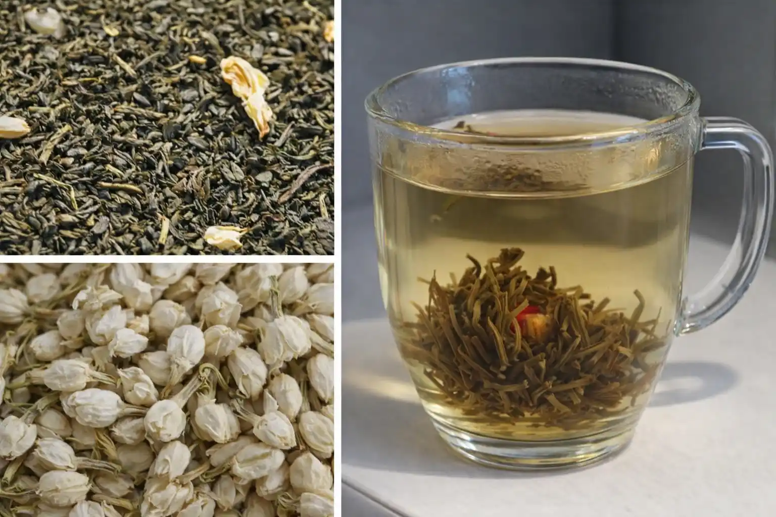 té jazmín estrés insomnio — flores de jazmín secas, té en rama y taza con infusión