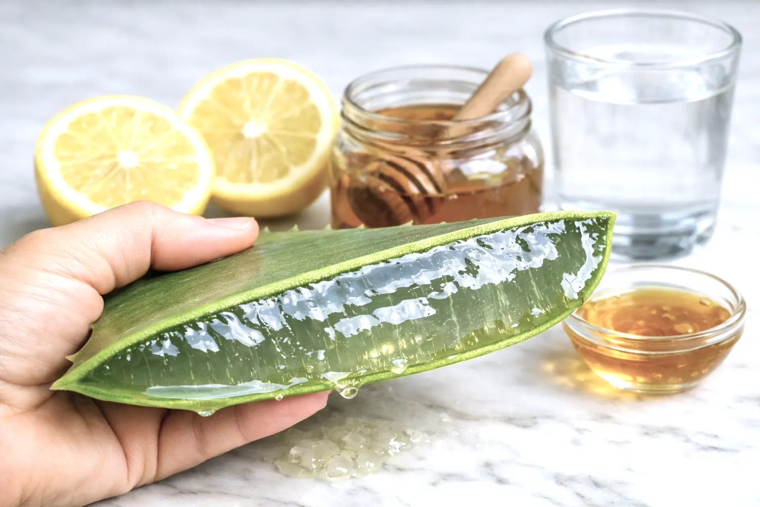 limpiar colon naturalmente remedios caseros — hoja de aloe vera abierta con gel, limón y miel