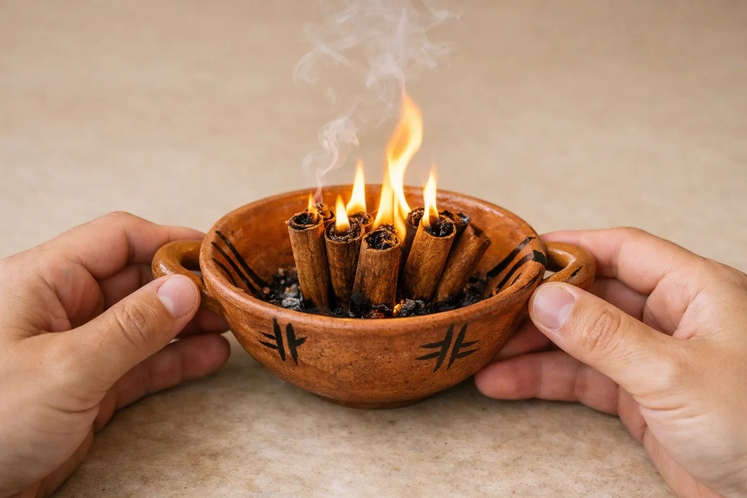 ritual canela prosperidad abundancia — ramas de canela ardiendo en cuenco de barro con manos sosteniendo