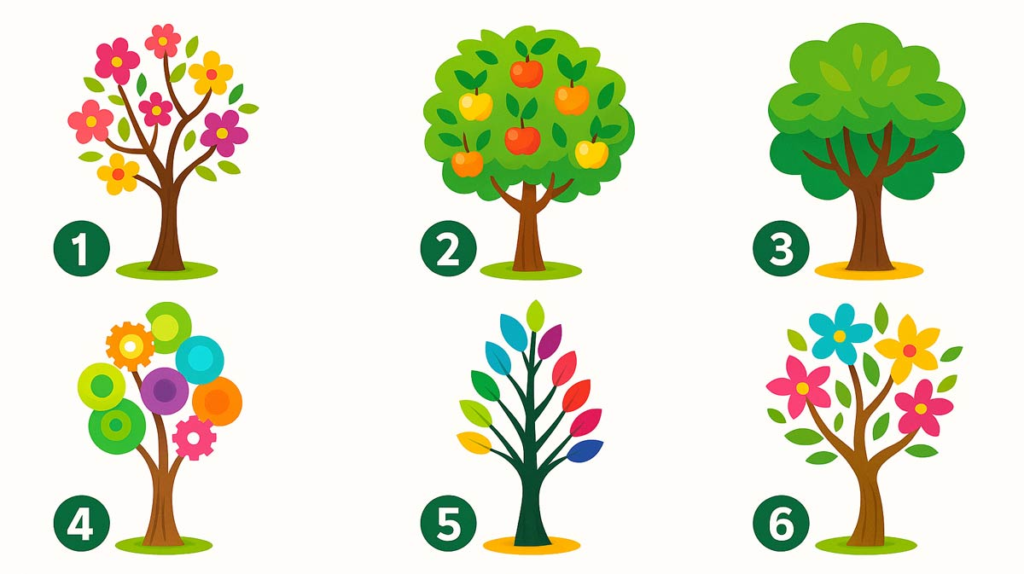 Seis árboles coloridos y estilizados (Árbol con flores, Árbol con frutos, Árbol frondoso, Árbol abstracto, Árbol con hojas de colores, Árbol con flores grandes). Test de personalidad y psicología del crecimiento.)