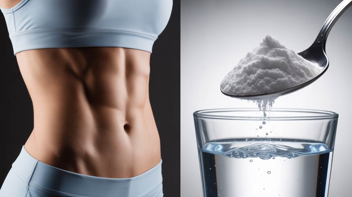 Composición de dos paneles: abdomen y cintura tonificados en el lado izquierdo, y una cucharada de bicarbonato de sodio en un vaso de agua efervescente en el lado derecho. Ilustra la promesa de eliminar grasa de la barriga con el remedio casero.
