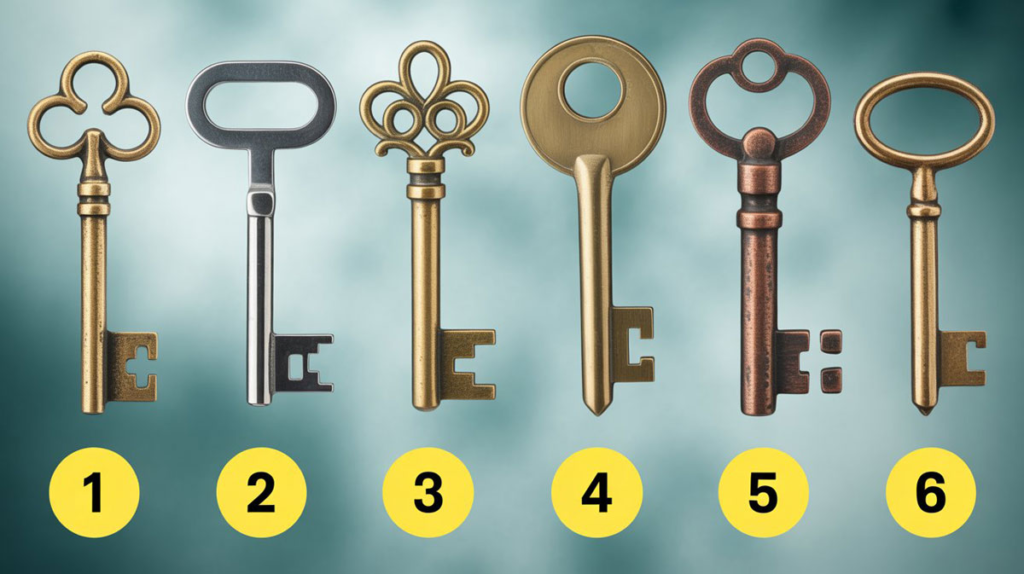 Seis llaves antiguas de diferentes metales y diseños (bronce, plata, cobre). Test de personalidad para elegir una llave y descubrir tu secreto oculto.)