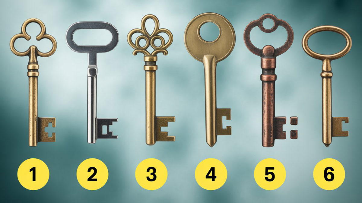 Seis llaves antiguas de diferentes metales y diseños (bronce, plata, cobre). Test de personalidad para elegir una llave y descubrir tu secreto oculto.