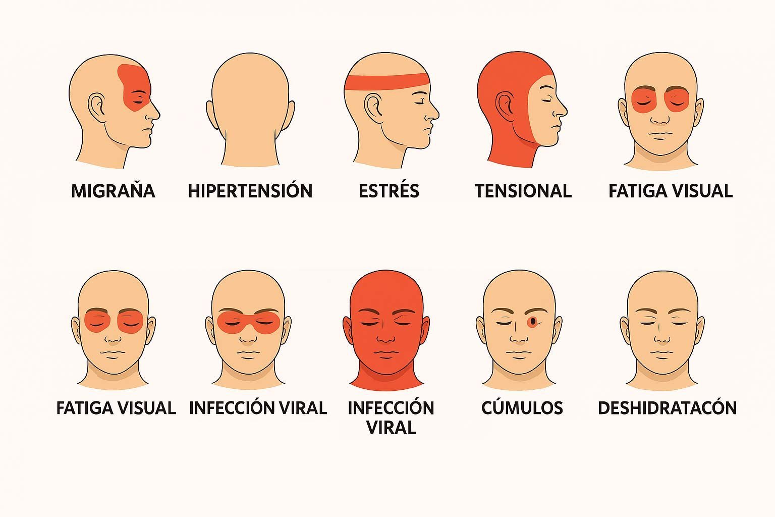 Infografía de las zonas de dolor de cabeza: migraña, tensión, ATM, hipertensión y sinusitis
