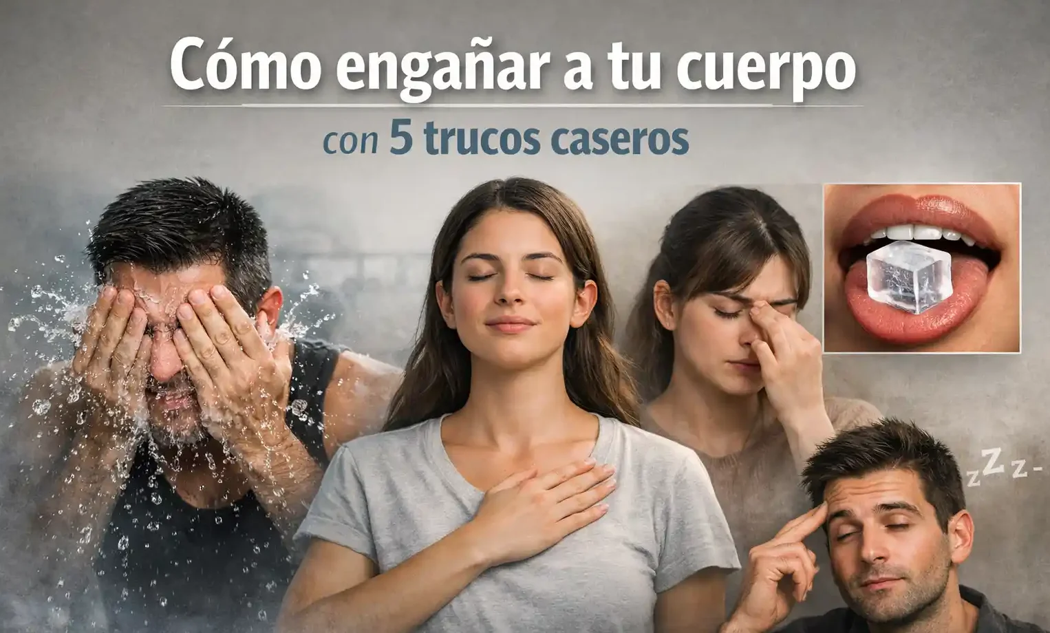 Composición de personas realizando trucos biológicos: agua fría en la cara, mano en el corazón, hielo en el paladar y parpadeo rápido.