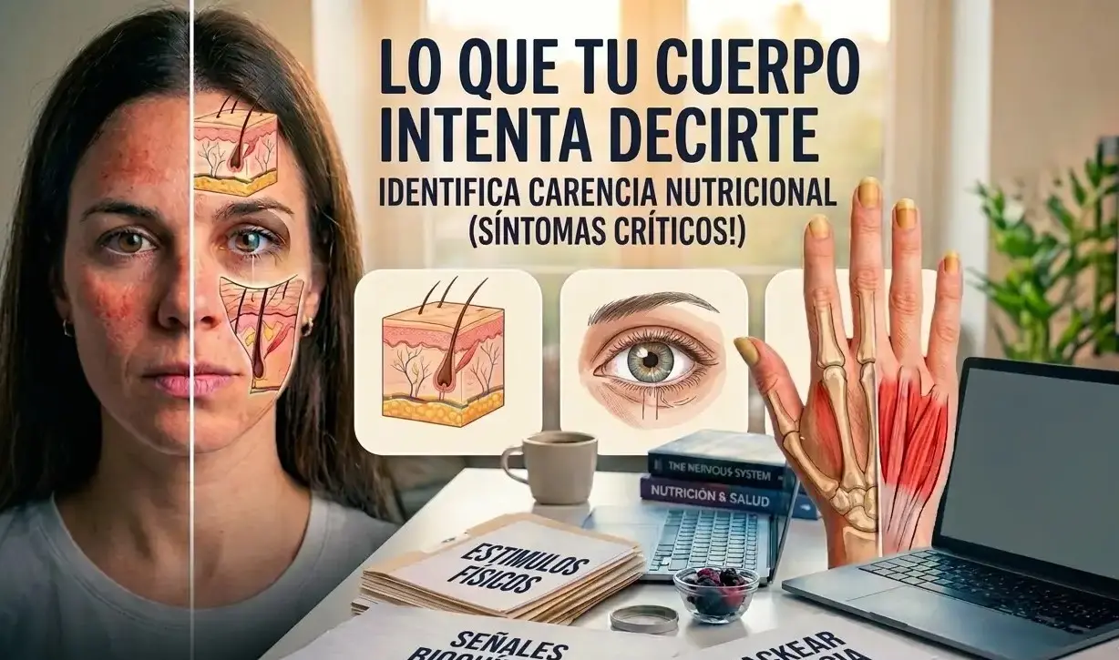 Composición técnica que muestra signos de déficit nutricional en piel, ojos y manos, junto a literatura sobre señales bioquímicas y biohacking.