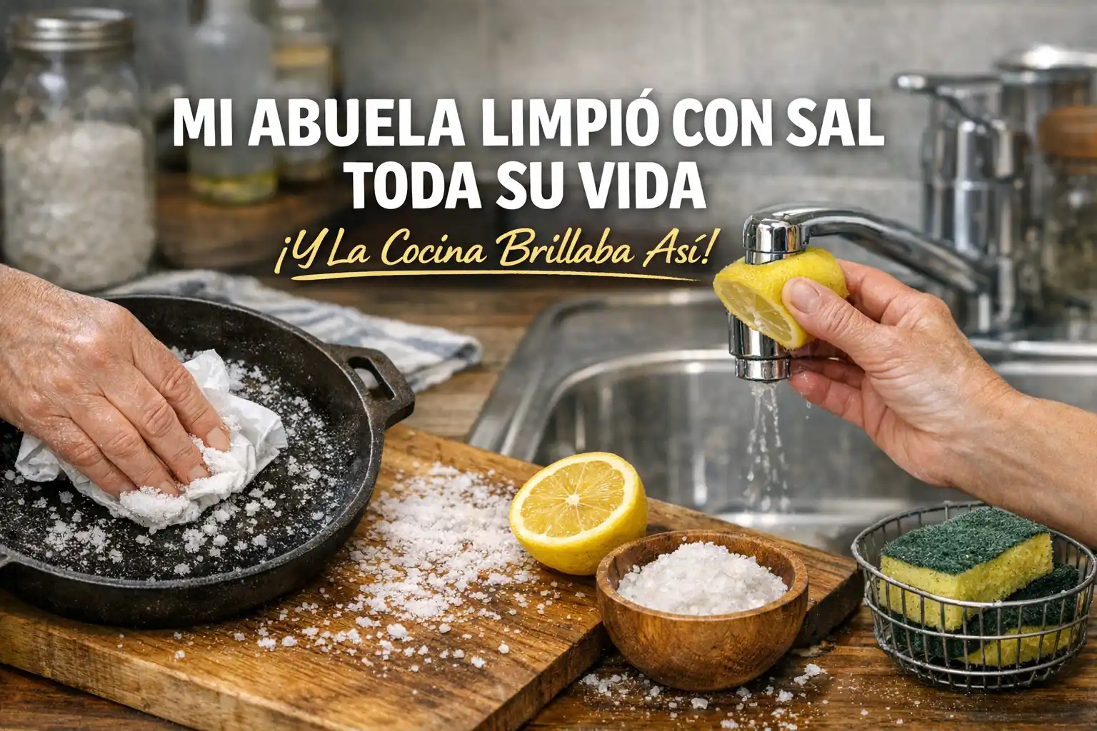 limpiar con sal gruesa: sartén de hierro, tabla de madera y grifo calcificado — trucos de la abuela