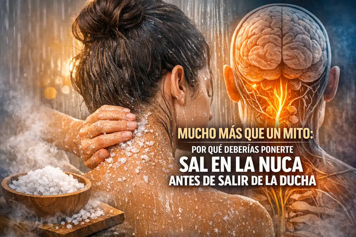 persona aplicando sal marina en la nuca bajo la ducha para relajar la tensión cervical