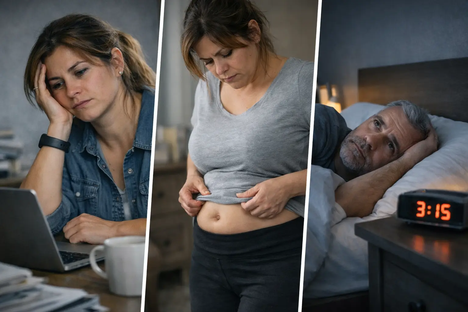 cortisol alto síntomas soluciones — mujer cansada, grasa abdominal e insomnio a las 3 AM