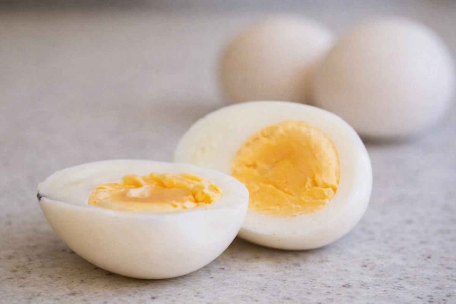 Huevos duros cocidos cortados al medio mostrando la yema, alimento central de la dieta del huevo duro para bajar de peso