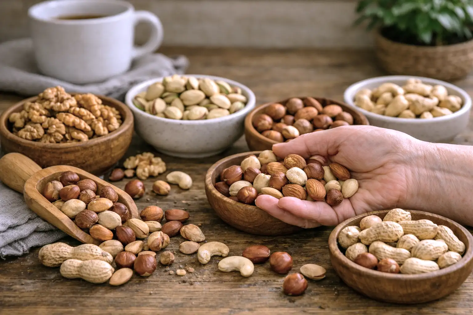 frutos secos propiedades beneficios dosis — nueces, almendras, pistachos, avellanas y cajú en cuencos de madera