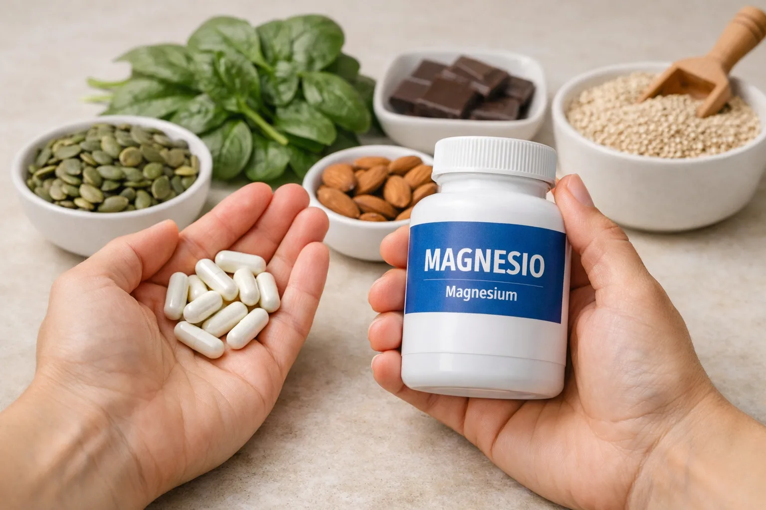 magnesio beneficios tipos deficiencia — frasco de magnesio, cápsulas y alimentos ricos en magnesio