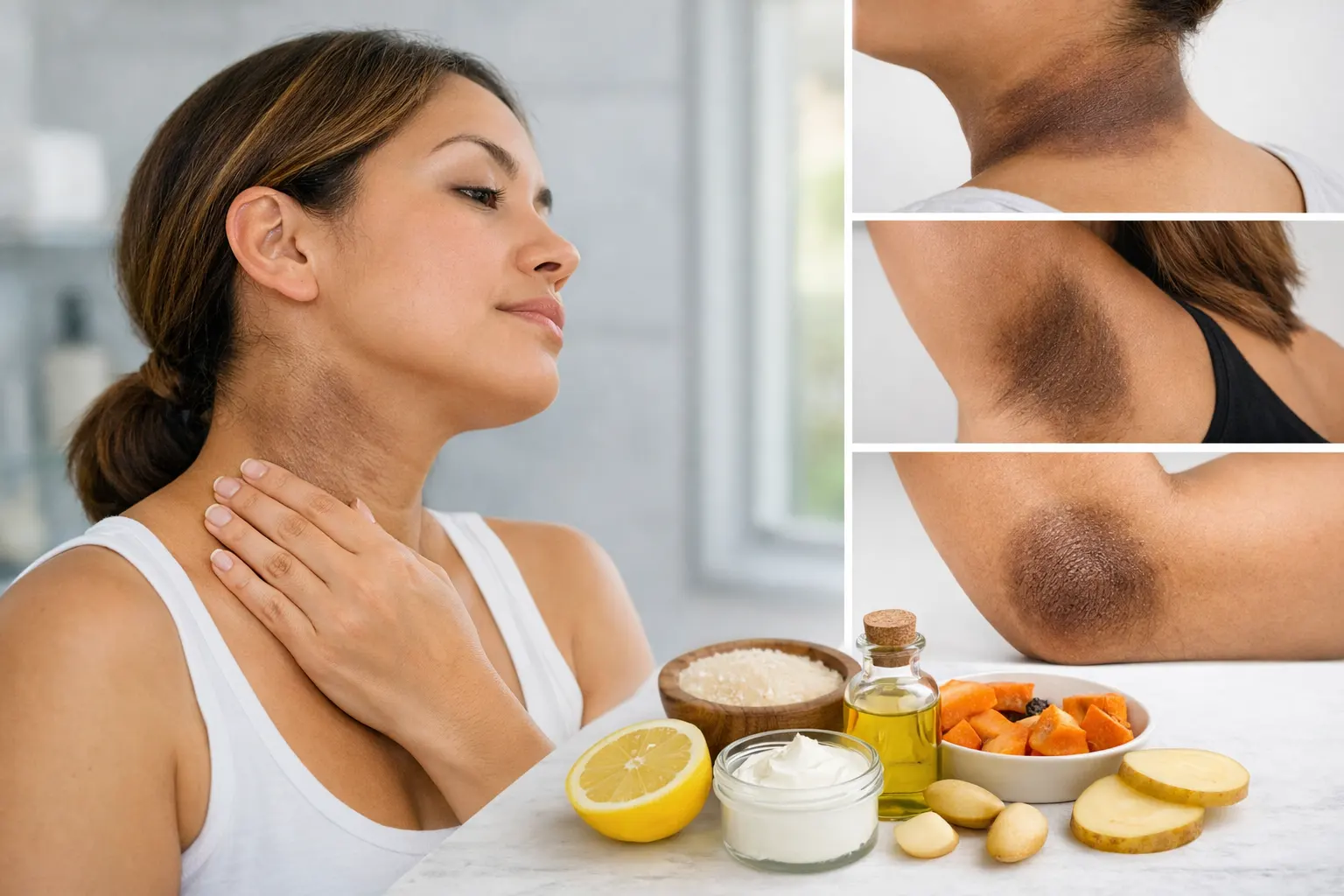 manchas oscuras cuello axilas remedios — comparativa piel oscura y piel aclarada