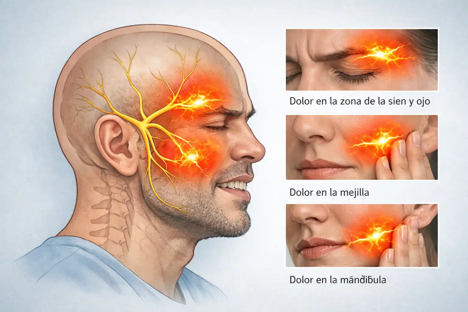 Ilustración del nervio trigémino y las tres ramas del nervio facial que causan la neuralgia del trigémino