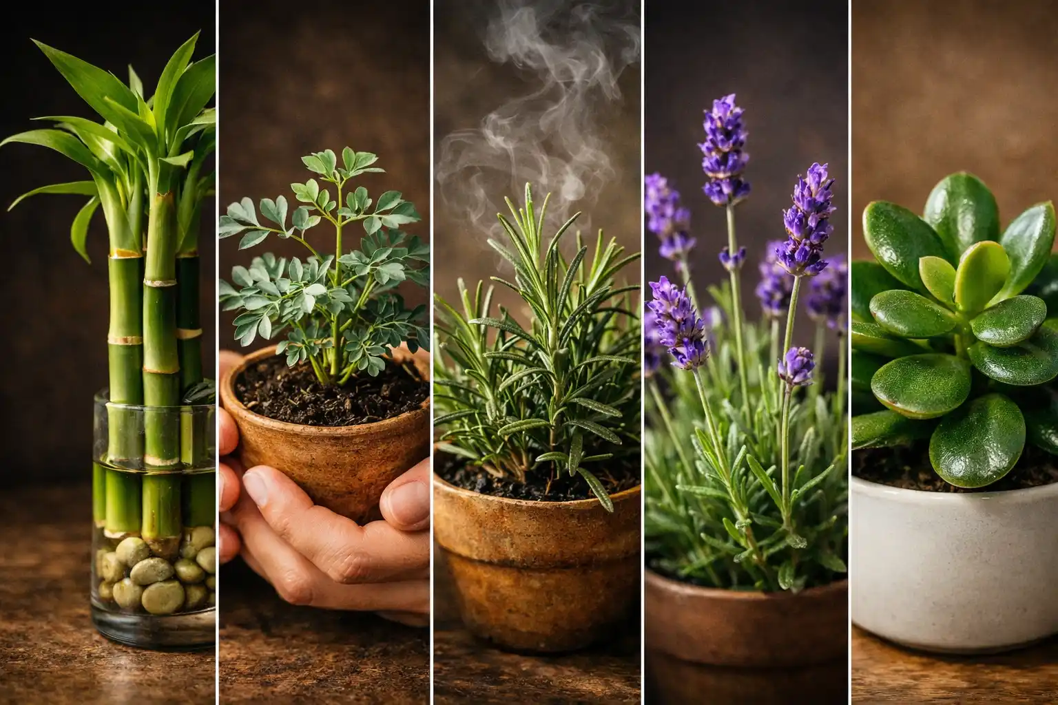 plantas buena energía hogar feng shui — bambú, ruda, romero, lavanda y jade en collage