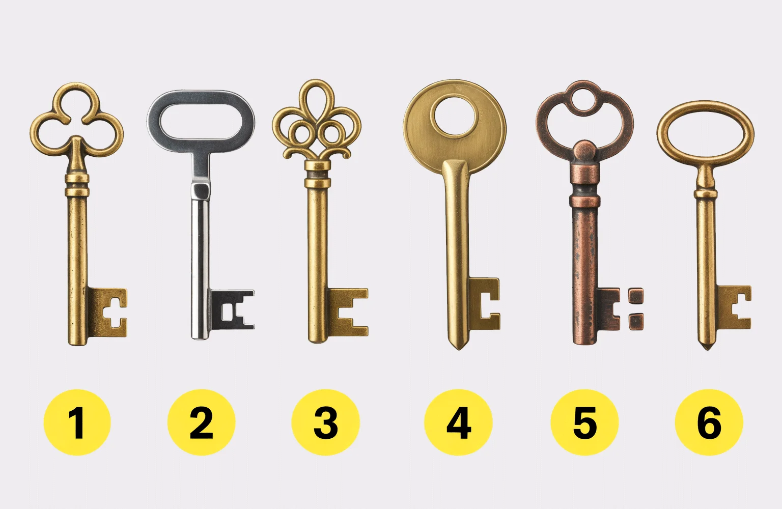Seis llaves antiguas de diferentes metales y diseños (bronce, plata, cobre). Test de personalidad para elegir una llave y descubrir tu secreto oculto.