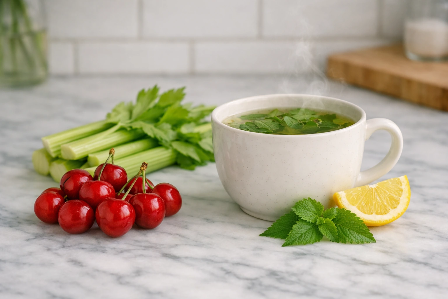 ácido úrico alto remedios caseros — cerezas, apio, taza de infusión y limón