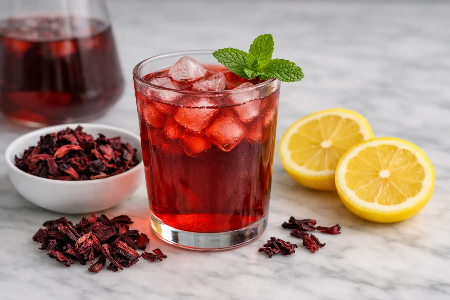 agua de jamaica beneficios receta — vaso rojo con hielo, menta, limón y flor de hibisco seca