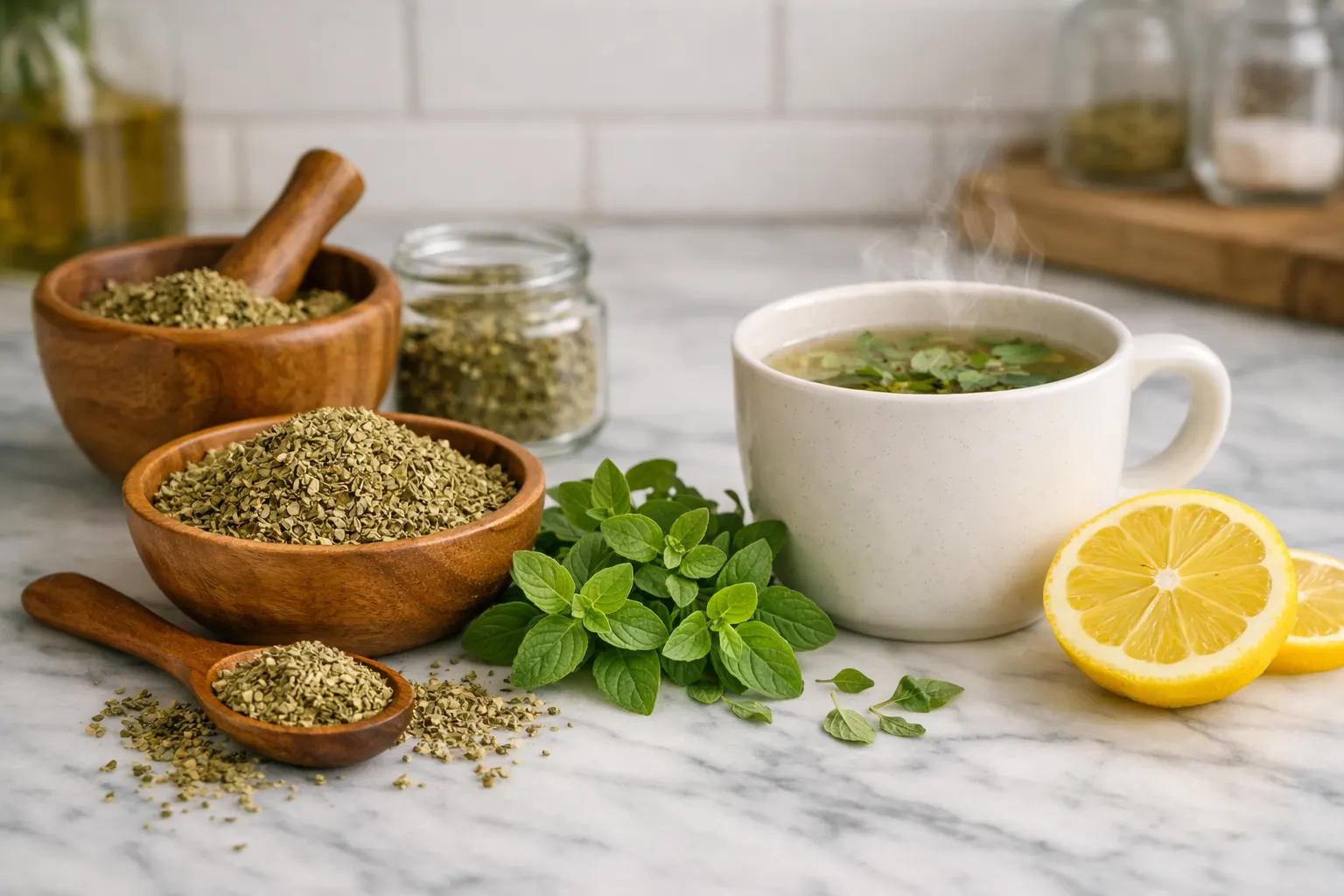 orégano para qué sirve remedios caseros — orégano seco, hojas frescas, taza de infusión y limón
