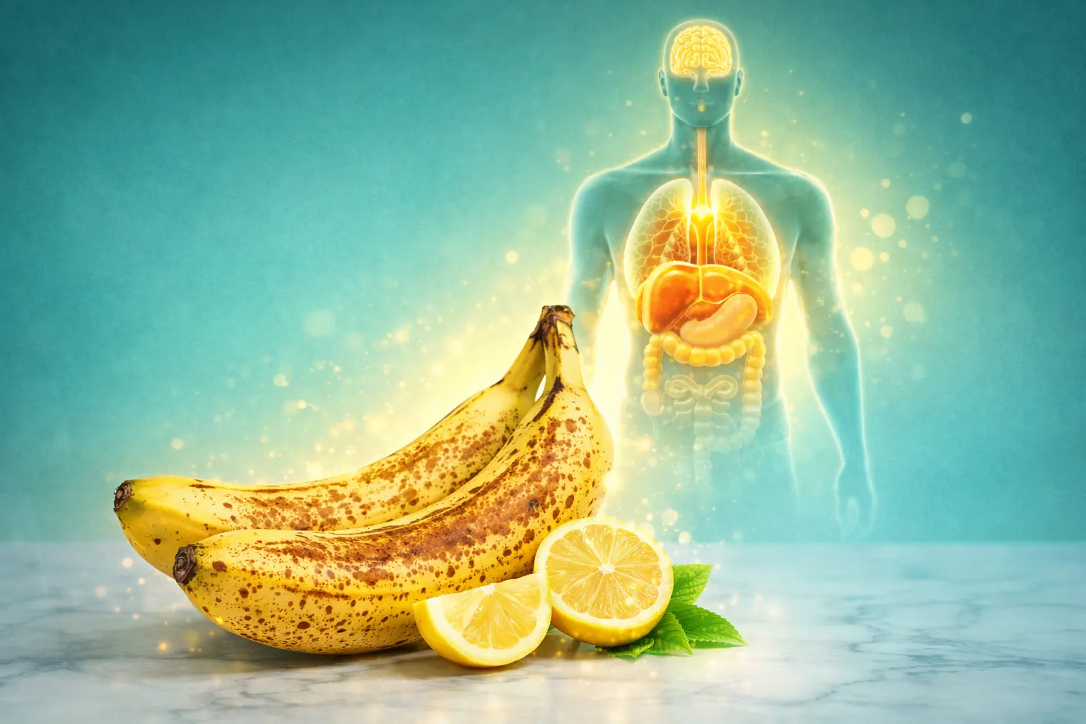 plátano beneficios verde maduro — plátanos maduros con limón e ilustración del sistema digestivo