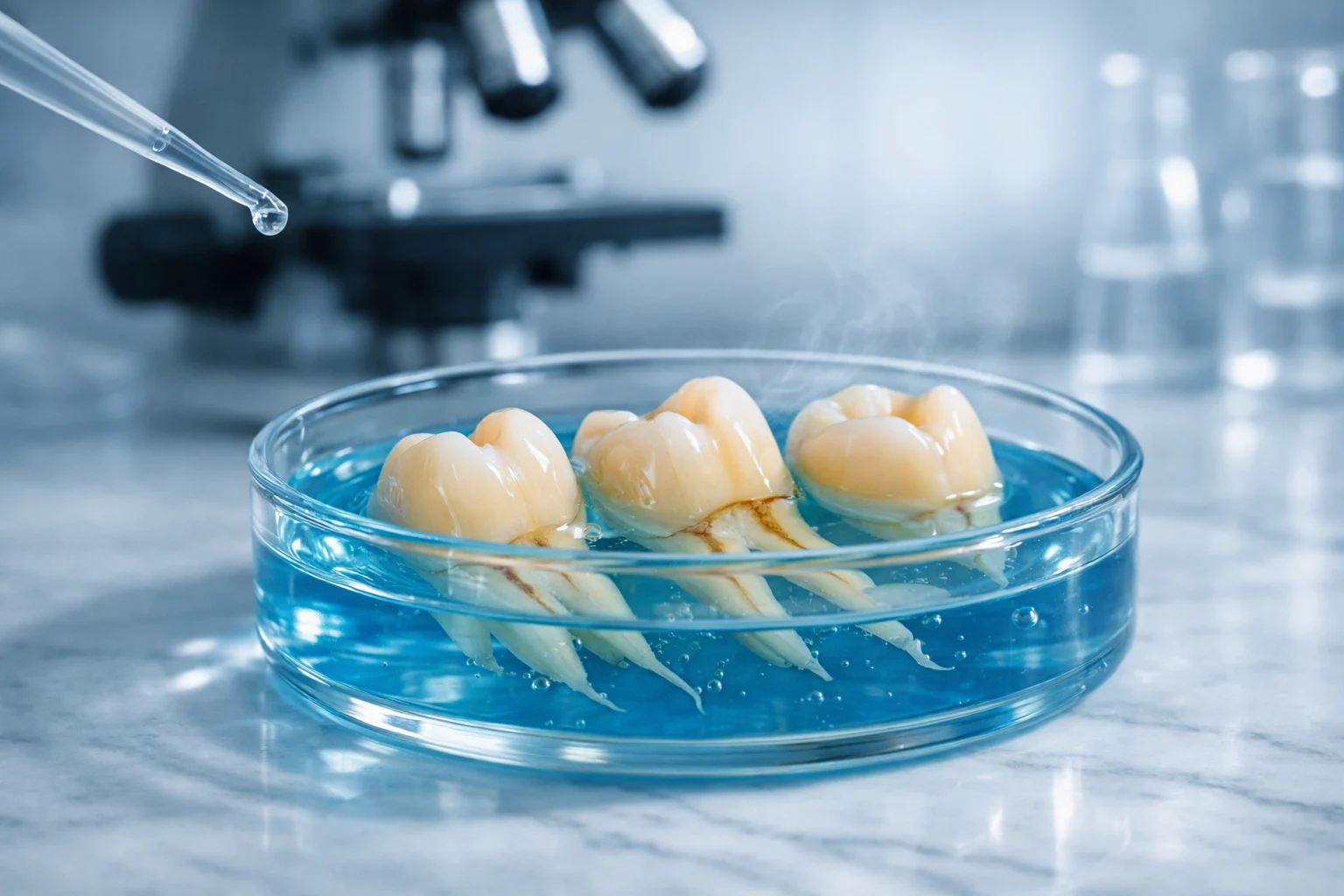 regenerar esmalte dental hidroxiapatita — dientes en placa de laboratorio con análisis científico