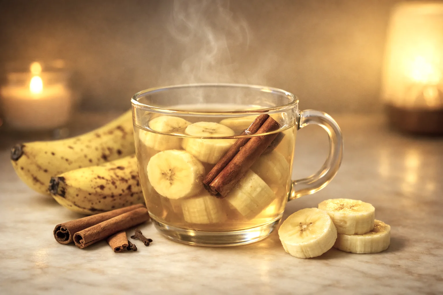 té de plátano con canela para dormir — taza con rodajas de plátano y ramas de canela