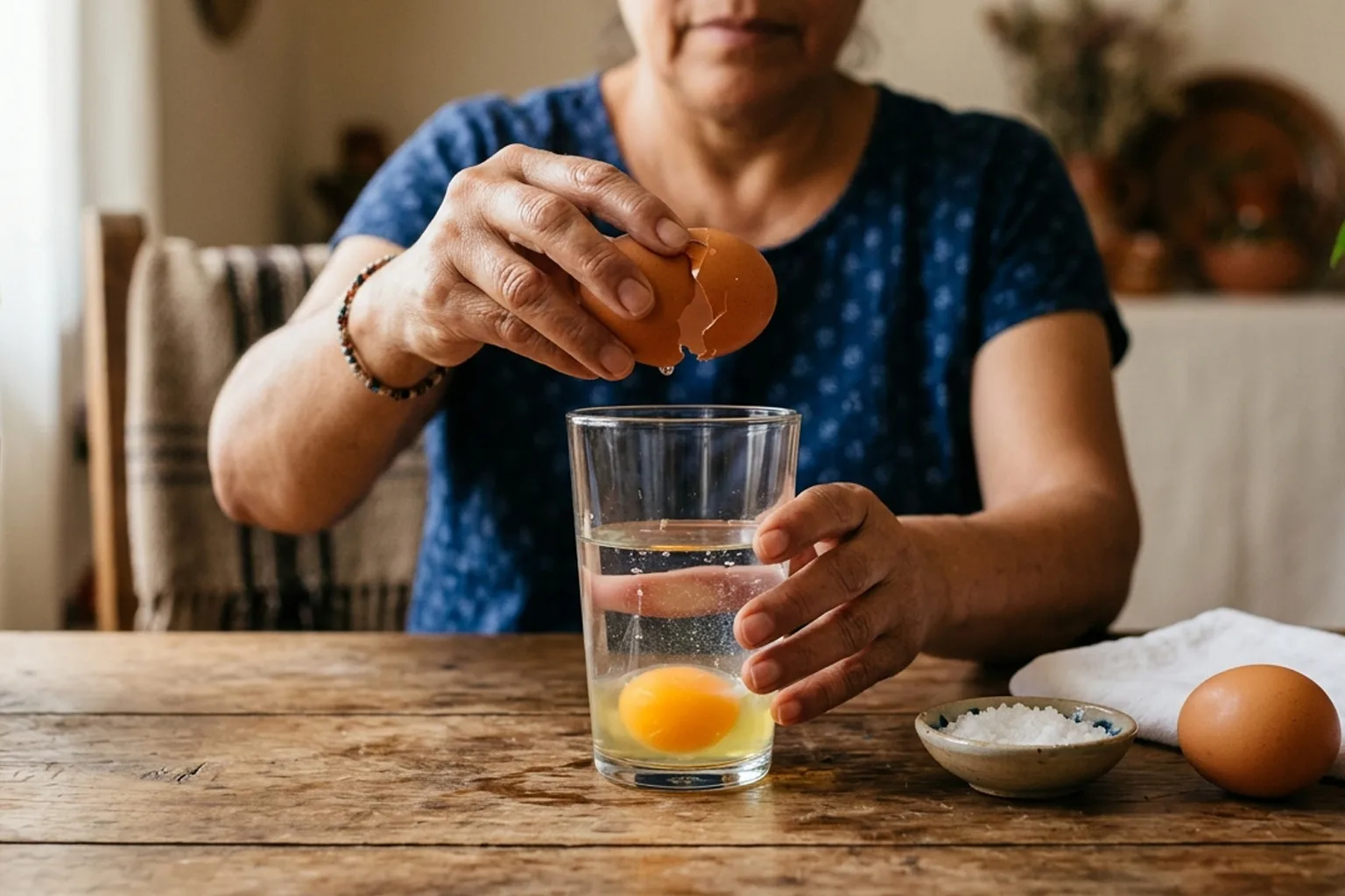 Mujer rompiendo un huevo en un vaso con agua sobre una mesa de madera, ritual tradicional de limpia energética